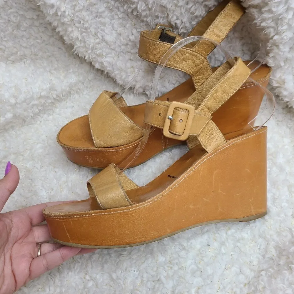Robert Clergerie Tan‎ Leather Platform Wedge Sandals size 10.5